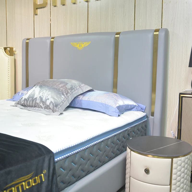 Cheap luxurious modern king size leather beds with golden stainless steel frame on promotion