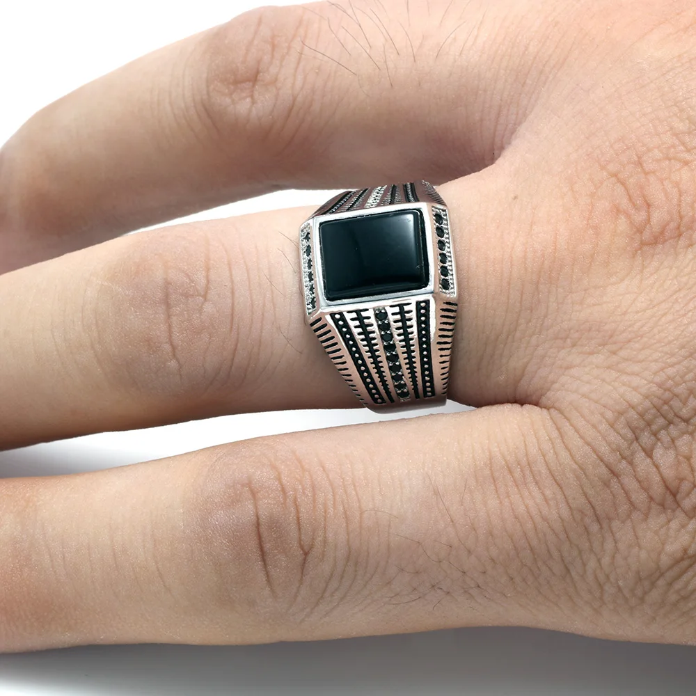Black Green Red Natural Agate Stone Ring Square Shape Zirconia Inlaid Turkish Silver Men Rings Sterling Silver 925 Jewellery
