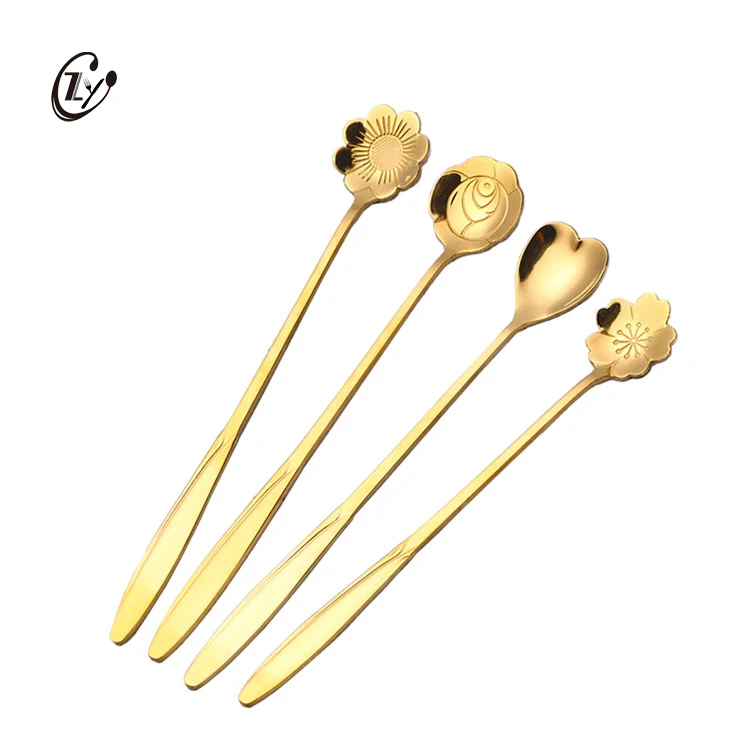 Creative Design Long Handle Gold Spoons 304 Stainless Steel Wedding Gift Coffee Spoon Set