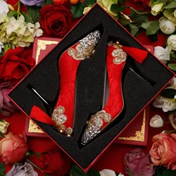 Latest Beautiful Red Bridal Platform Shoe Glitter Rhinestone Block Woman Thin Heel Pumps