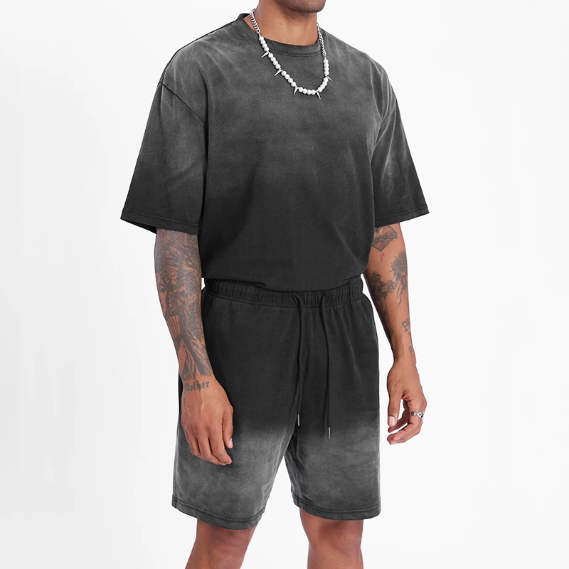 mens cotton sun faded tshirt set black vintage tee shirt custom sunfade t shirt and shorts sets for streetwear