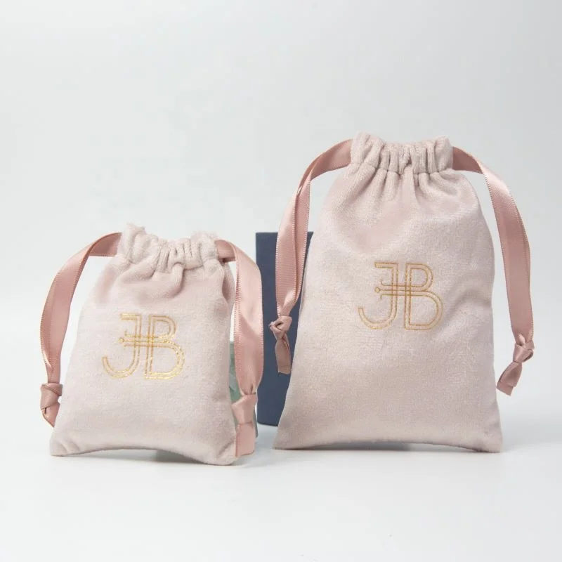 Custom Logo Printed luxury Pink Gift Velvet Drawstring Pouch cosmetic Bag with Pink ribbon