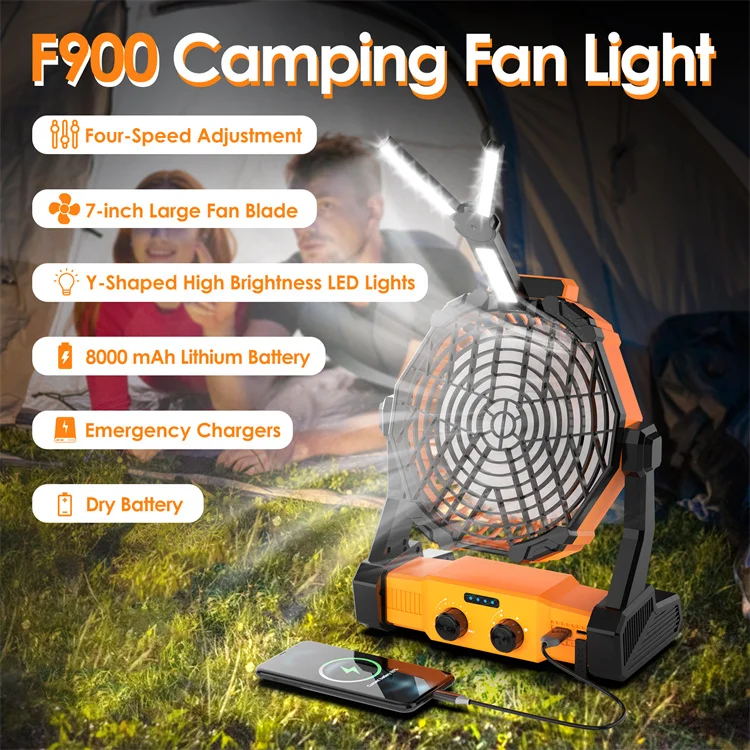 Rechargeable Outdoor Camping Fan with Led Light 8000mAH Portable Battery Operated Industrial Camping Floor Fan
