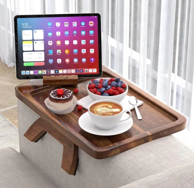 Acacia Wood Couch Arm Table Sofa Arm Tray with 360  Rotating Holder