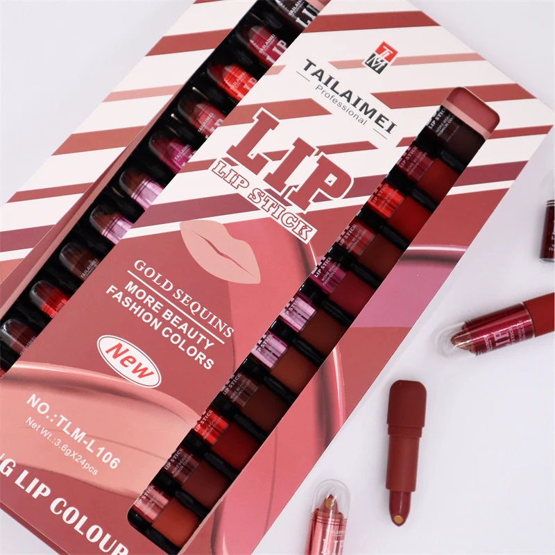 L106 Fashion 12 Colors Moisturizing Lip Colour Balm Private Label Lip Stick Gold Sequins Shimmer Custom Lipstick Matte