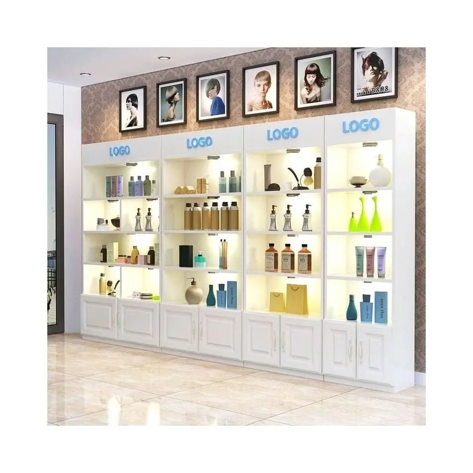 Wooden skin care display shelf beauty supplies perfume store cosmetic shops retail store display rack with led floor cabinets