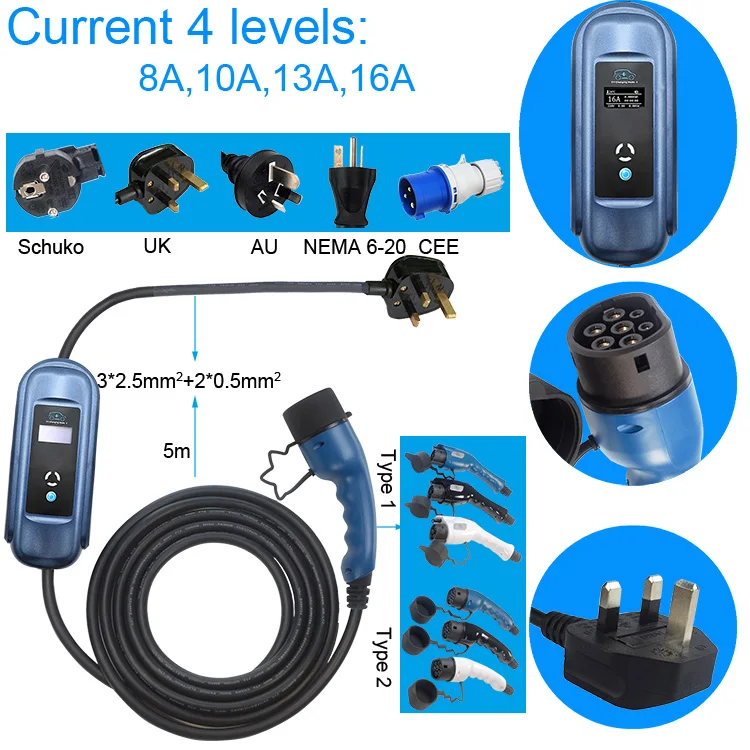 
6A To 16A Electric Vehicle Portable Charger Fast Ev Charging Station Ev Type 2 Plug 