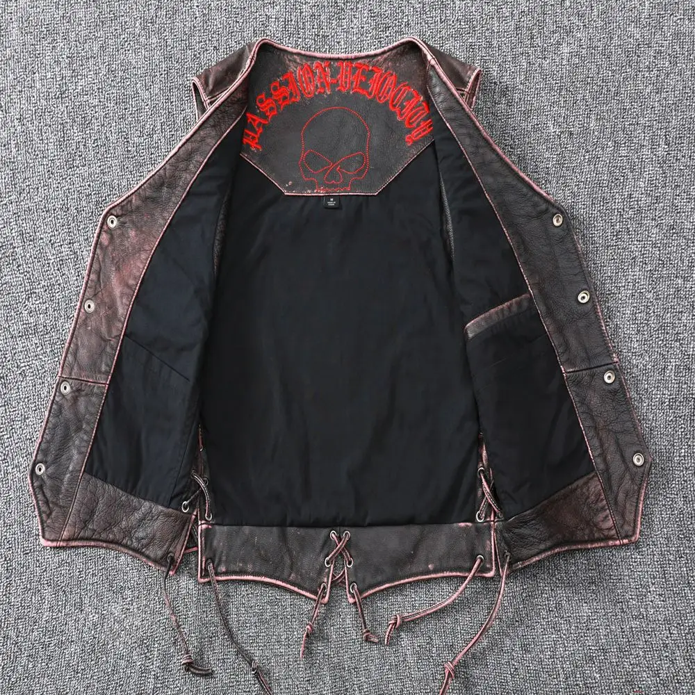 PDEP plus size 4XL leather vest jacket for men lace up pocket tactical leather motorcycle vest brown men leather biker vest