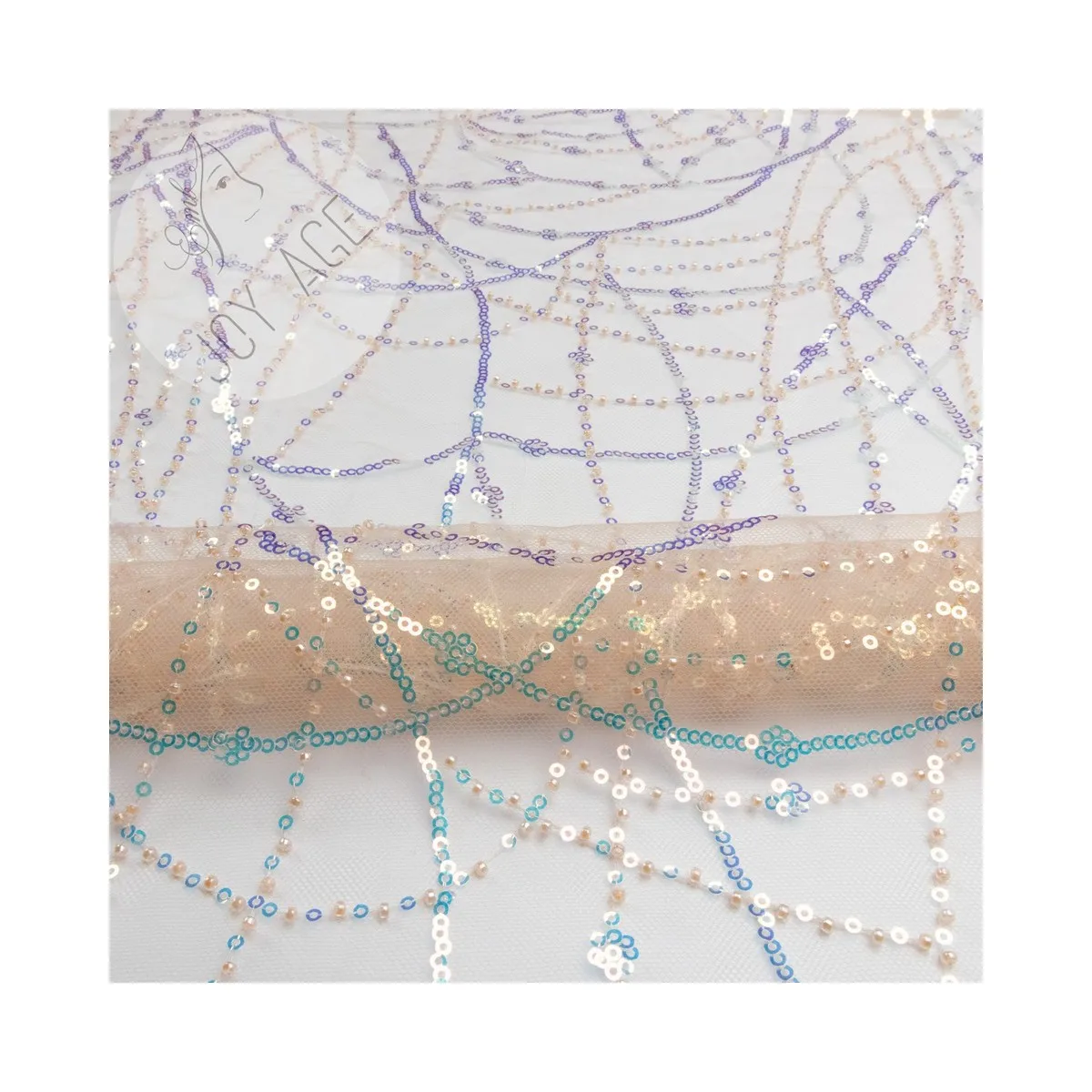 Polyester 9mm Embroidery Transparent Sequins Net Mesh Tulle Lace Stripes Wed Dress Fabric With Beads