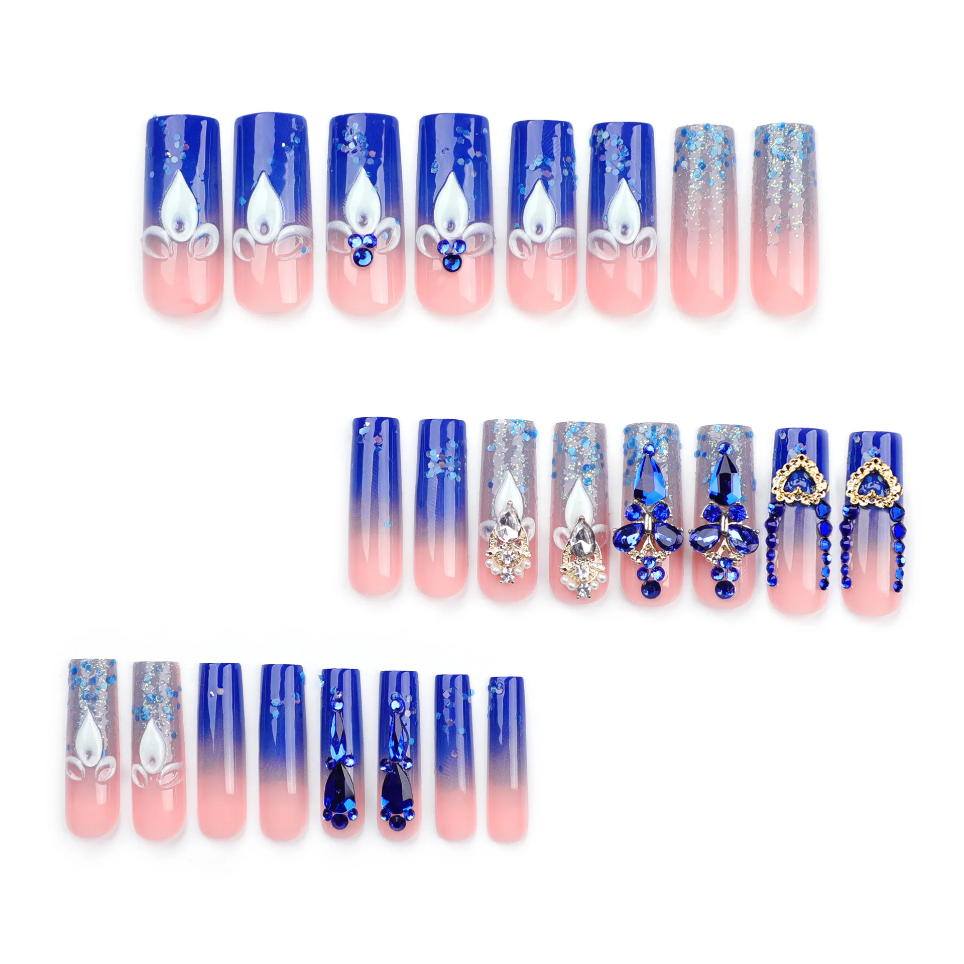 C450 SAFENG 24pcs French Sparkling Diamond Press On Nails Blue Bling Long Square Artificial Fingernails False Nails