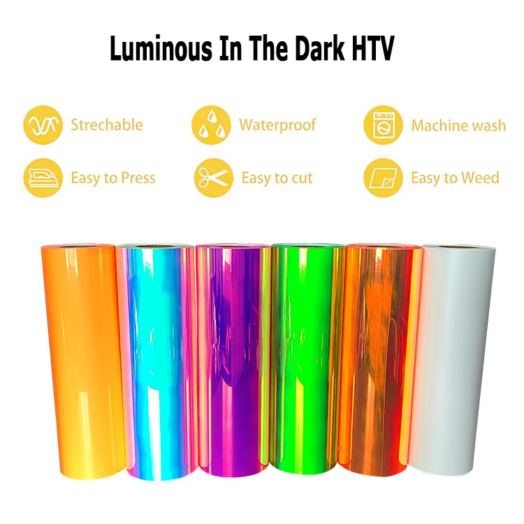 Htv rolls for glowing color 0.5*25m ro holographic flex Vinil luminous transparent Glow In The Dark Heat transfer vinyl