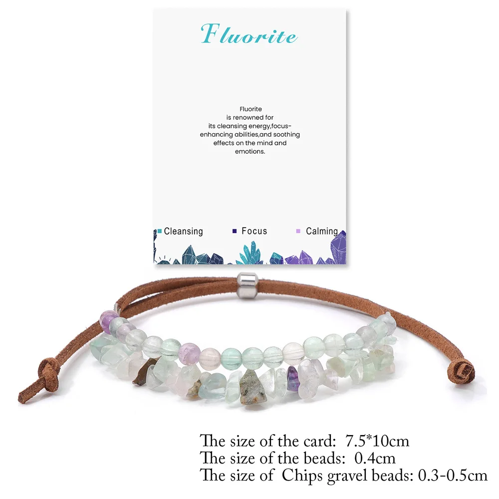 2025 Latest Trending 4 mm Round Beads and Chips Two Layers Natural Stone Leather Rope Adjustable Bracelets