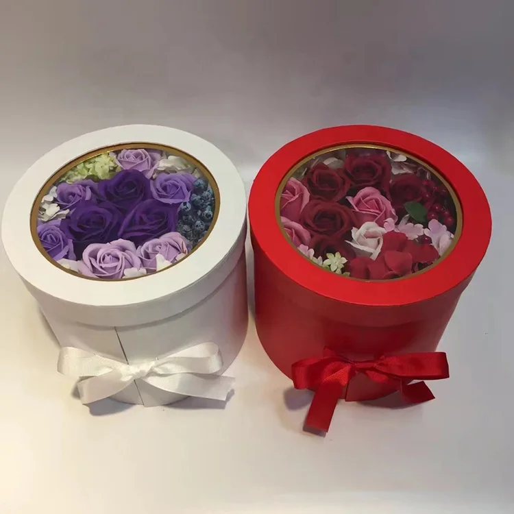 Chengruo Custom Emballage round double layer rotating transparent windowpackaging carton with ribbon for flower gift packaging