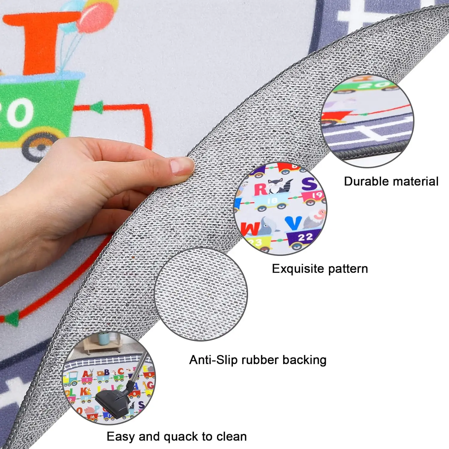 Kids Rug Carpet Oval ABC Alphabet Numbers Train and Road Educational Classroom Rug Baby Play Mat Learning Game Decor Grey Rug