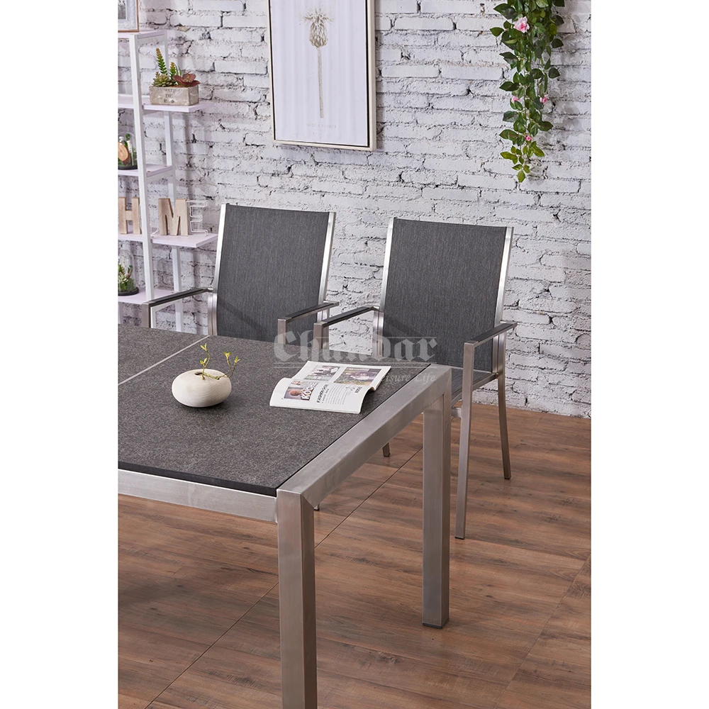 Luxury Inlay Structure Anti-Corrosion Aluminum Slat Armrest Design Stainless Steel Base Dining Room Furniture Table Set Lounge