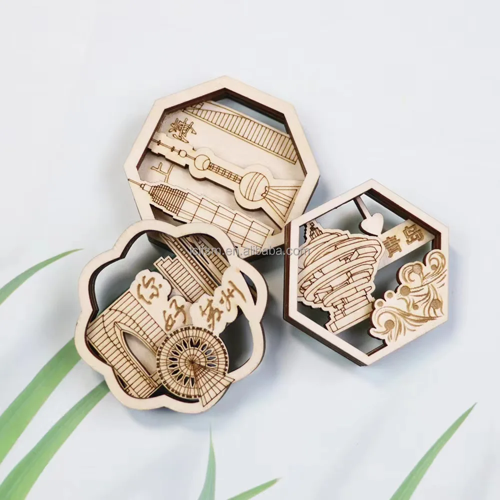 Cultural and creative large wooden fridge magnets featuring iconic urban architectural design