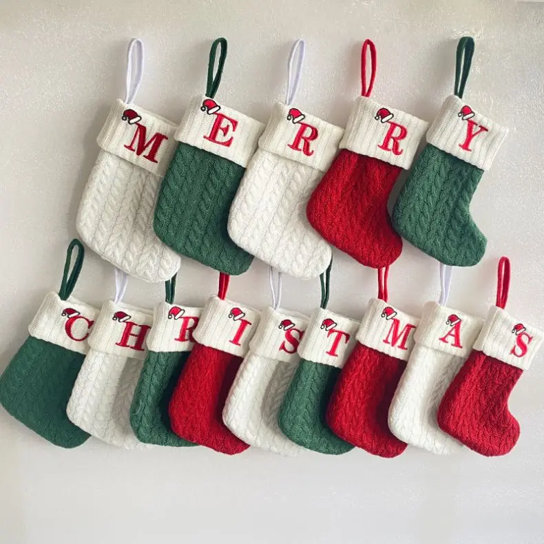 2024 Christmas Socks Red Snowflake Letters Christmas knitting Stocking Christmas Tree Decoration For Home Xmas Ornament Gift