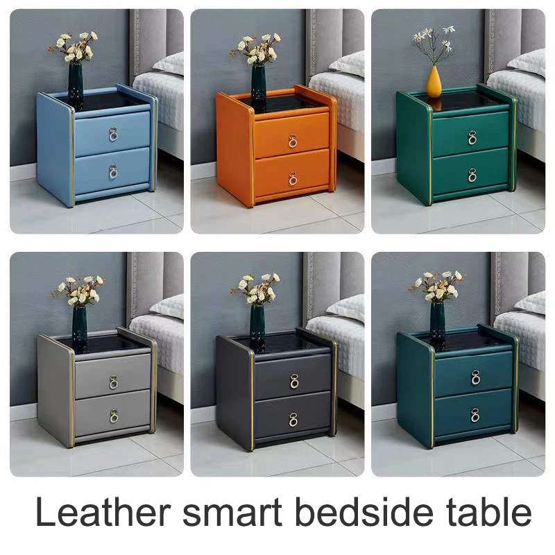 Modern Wood Bedside Table Black With Drawer Marble Table Top Plug Inside Usb Wireless Charging