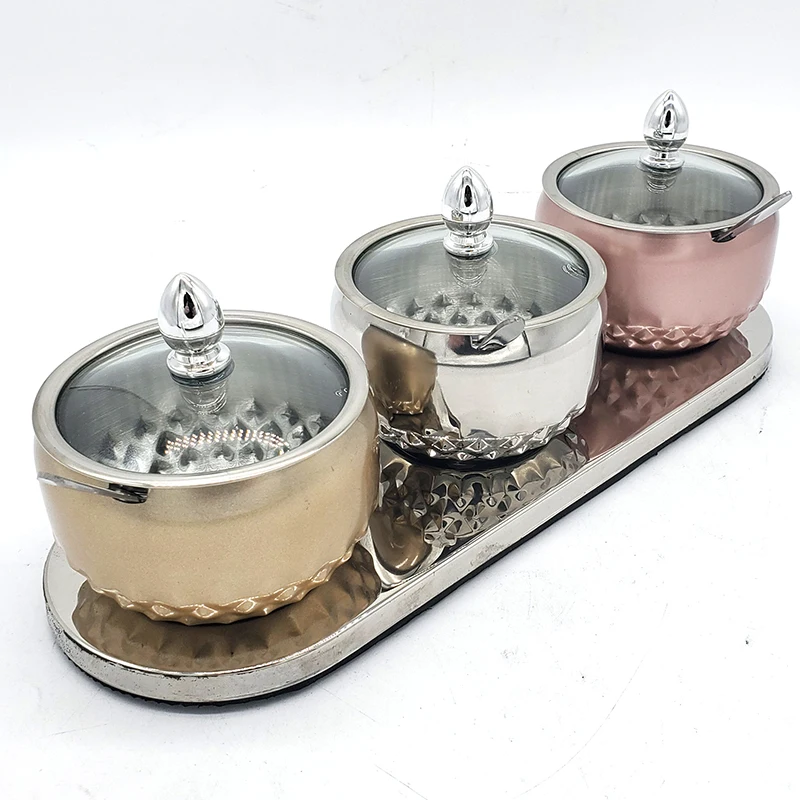 
Sugar Jar Glass Cover Three Flavor Flavoring Pot Coffee Companion Factory Direct Sale Stainless Steel Sugar Bowl Color Box Metal 