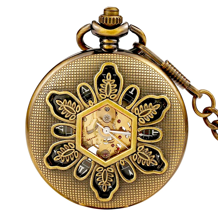 BOSHIYA Brass Hollow Six Leaves Half Hunter Mechanical Pocket Watch with Skeletal Display Roman Numeral Dial