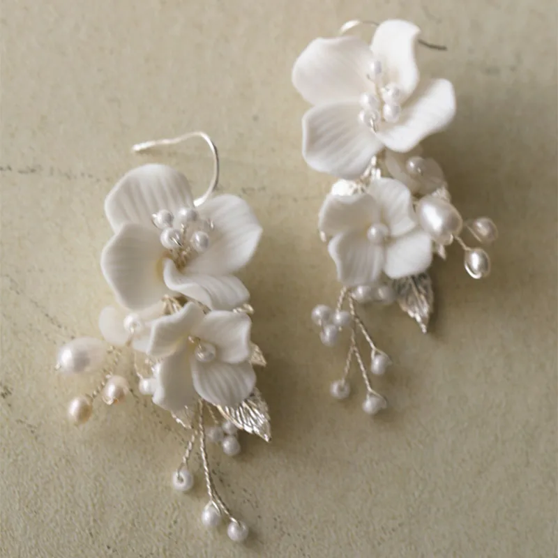 SLBRIDAL Ins Style Sparkling Zircon Crystal Rhinestones Porcelain Flower Freshwater Pearls Bridal Wedding Earring Women Earrings