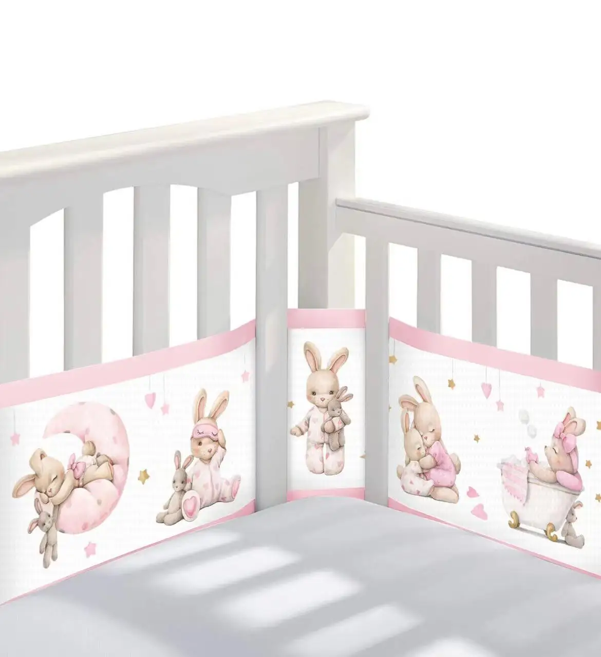 Hot Selling Breathable Air Mesh Fabric Baby rFull-Size Four-Sided Slatted and Solid Back Cribs Printed Mesh crib bumper