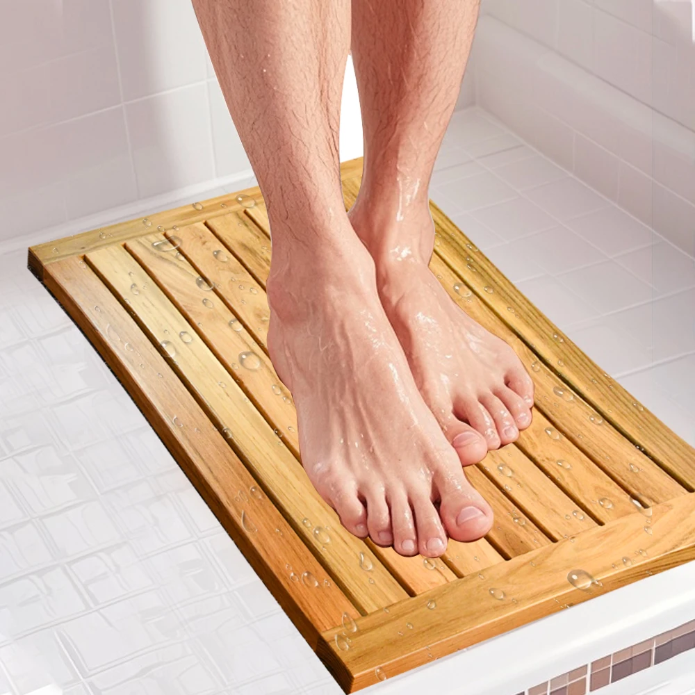 Natural Eco Friendly Spa Foldable Waterproof Non-slip Wood Tub Sauna Bathroom Bamboo Wooden Shower  With Silicone Anti-Skid Pad