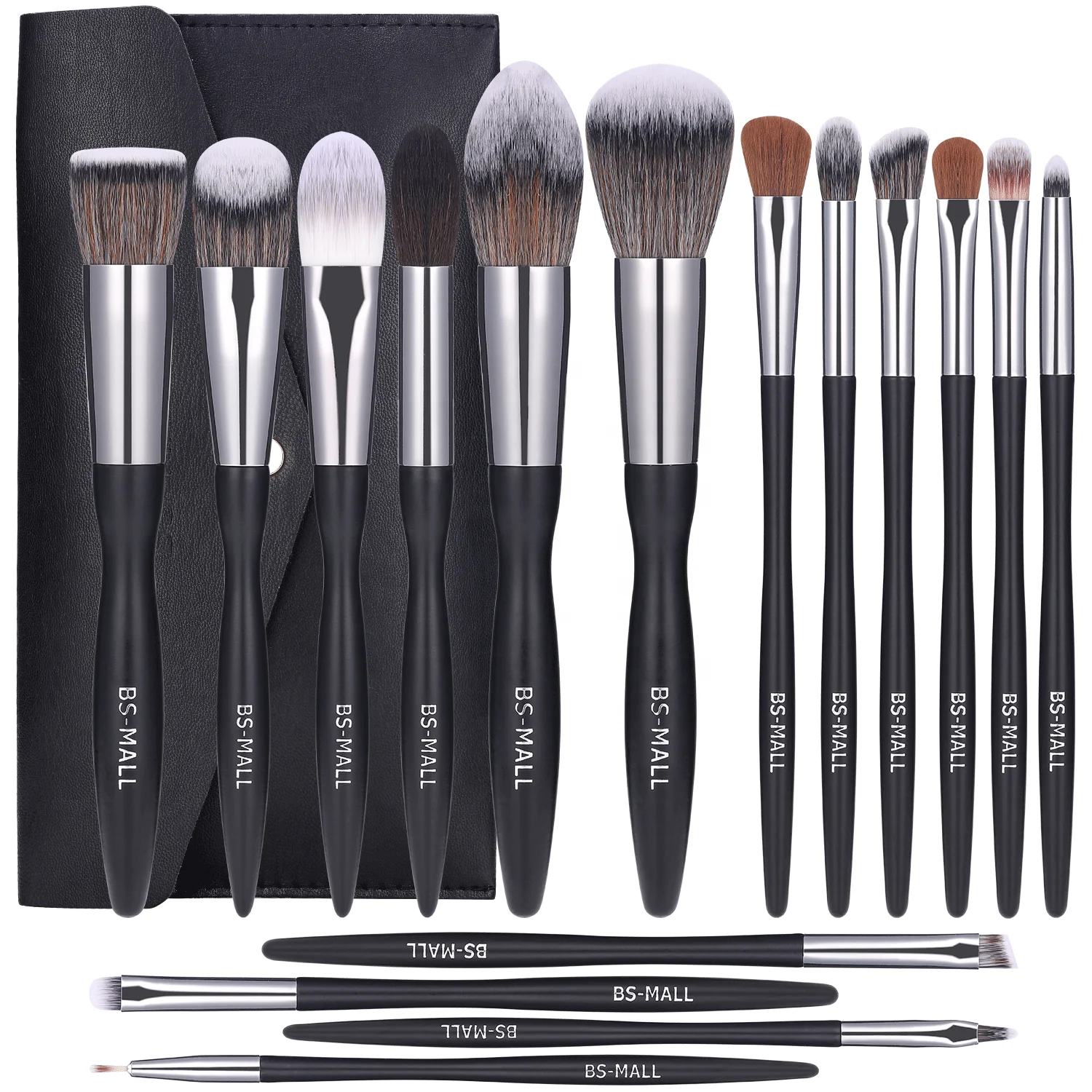 Professional BS MALL Makeup Brush Set 16pcs Custom Logo Wooden Handle Brushes Cosmetic Wholesale Black Makeup Brushes with Bag