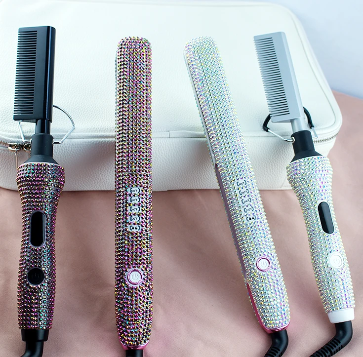 Wholesale Rhinestone Diamond Flat Iron Set Irons Wide Plate Bling Ceramic Comb And Hair Straightener Sets With Hot Hair Tools