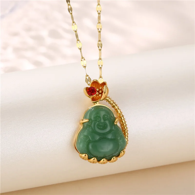 Religious Green Jade Buddha Pendant Necklace 18k Gold Plated Stainless Steel Lip Chain Laughing Buddha Jade Necklace