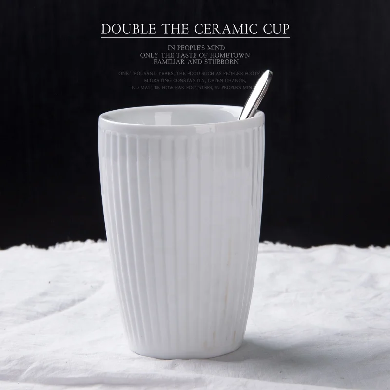 White ceramic coffee mug Relief vertical stripe cup white wine glass custom LOGO soup cup milk cup without handle