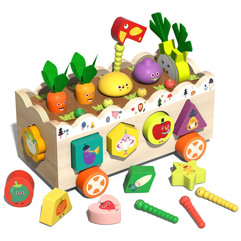 Multi-function education wooden woodpecker catch insect worms activity cube montessori carrot harvest toddler shape matching box