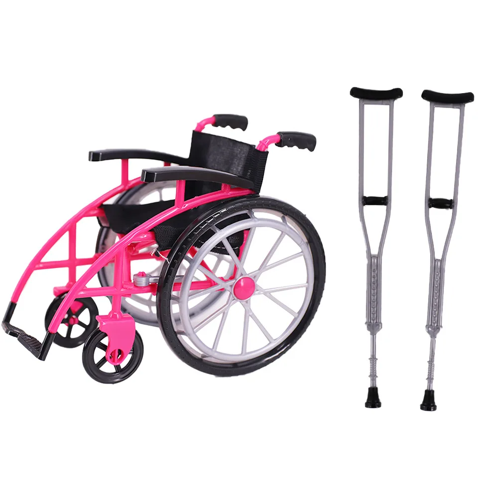 new arrival 1/6 scale 30 cm doll toy simulation miniature plastic wheelchair crutch set model pendulum folding wheelchair toy