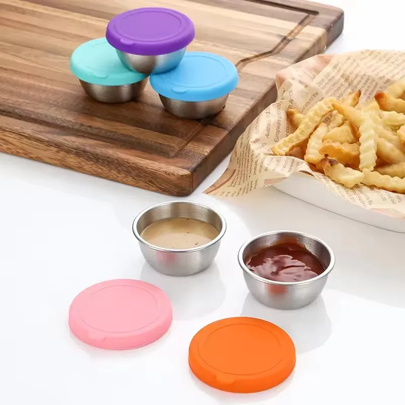 304 stainless steel round shape sauce seasoning flavor plate dipping dish tray jam dish plate snack nut fruit plate with lid