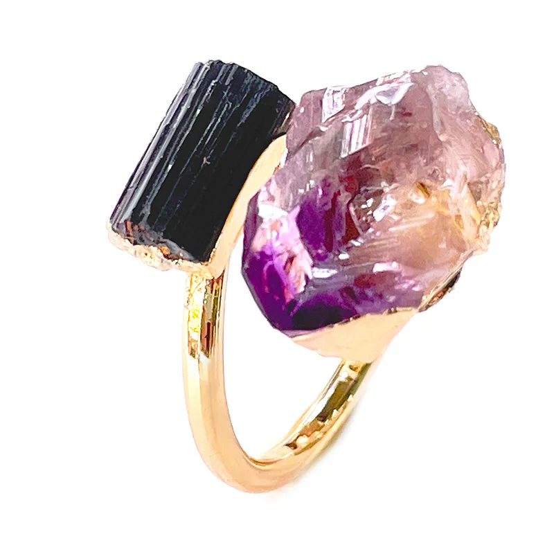 Wholesale Natural Stone Gold-plated Ring Irregular Tourmaline Crystal Ring Amethyst Jewelry