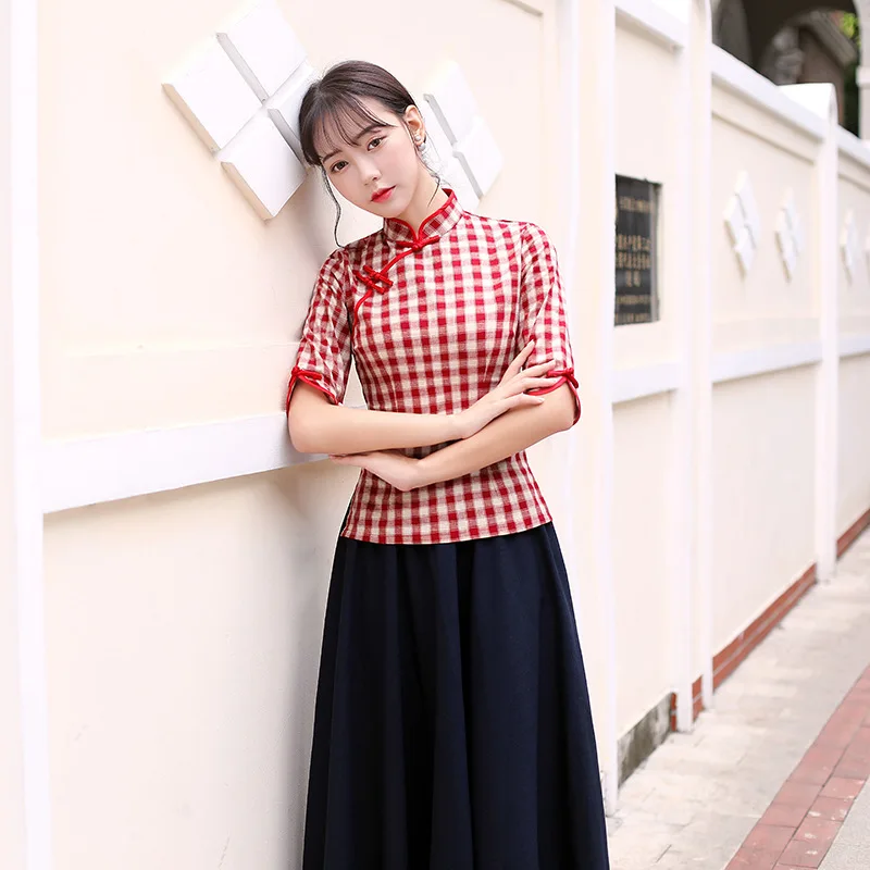 traditional chinese style cheongsam set vintage plaid tops+blue skirt