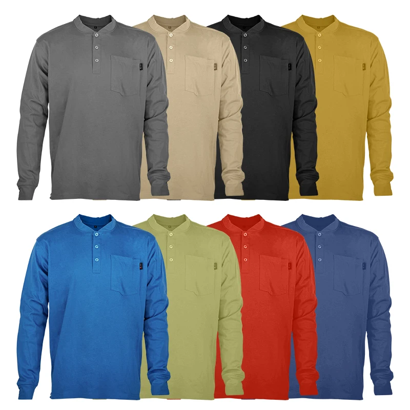 Wholesale Custom CAT 2 Welding Safety Fire Resistant 100% Cotton Interlock Knit Flame Retardant FR Henley Shirts with VAT Dying