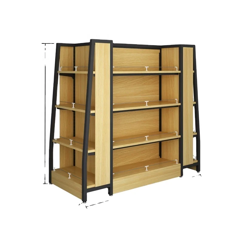 Retail store MDF wood shelving supermarket display metal shelf and grocery wooden gondolas