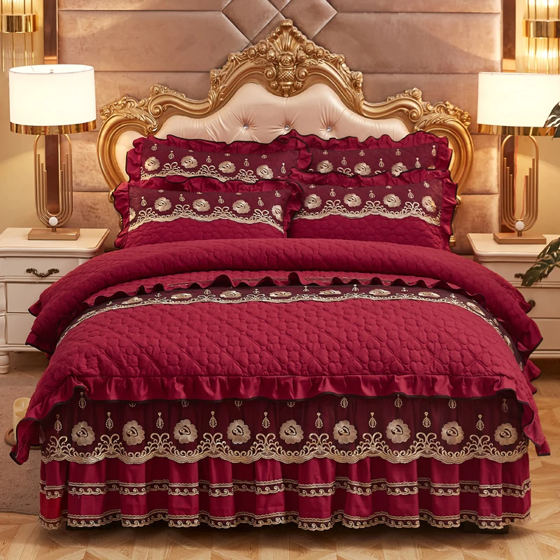 American Style Burgundy Embroidery Velvet 4PCS Blanket Quilt Comforter Bed Sheet Set