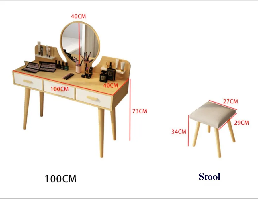 Nordic Style Storage Cabinet Integrated Dressing Table with Mirror and Stool Dressing Table