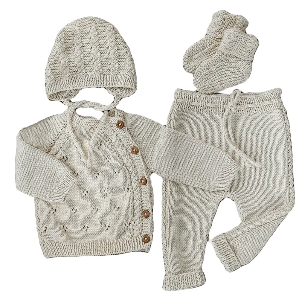 Комплект вязаного свитера для новорожденных 100% хлопковый комплект одежды малышей домашняя одежда сна детская Подарочный