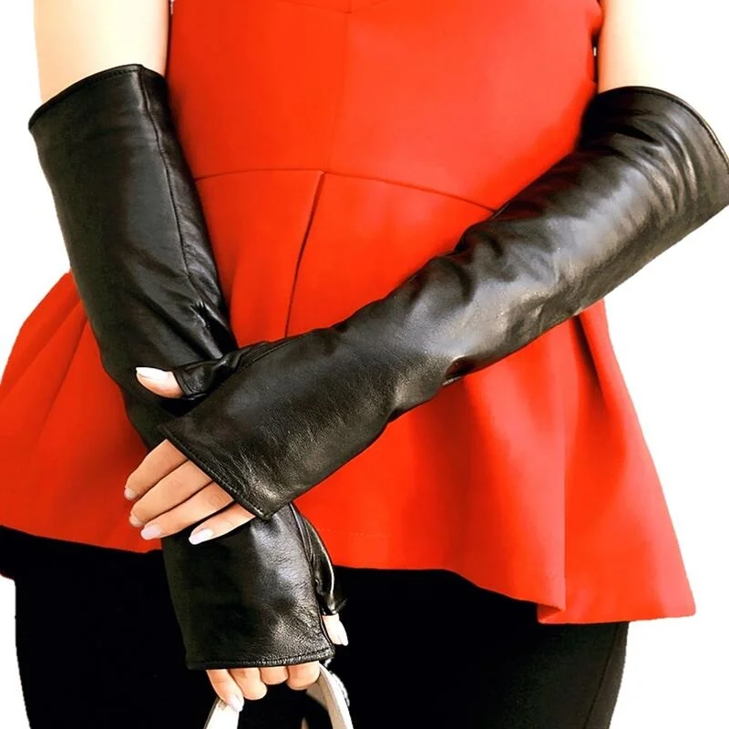 
Hot sale High Quality Women Leather Black 40cm 15.7inches Fingerless Gloves For Warm Winter Gloves Evening SheepLeather Gloves 