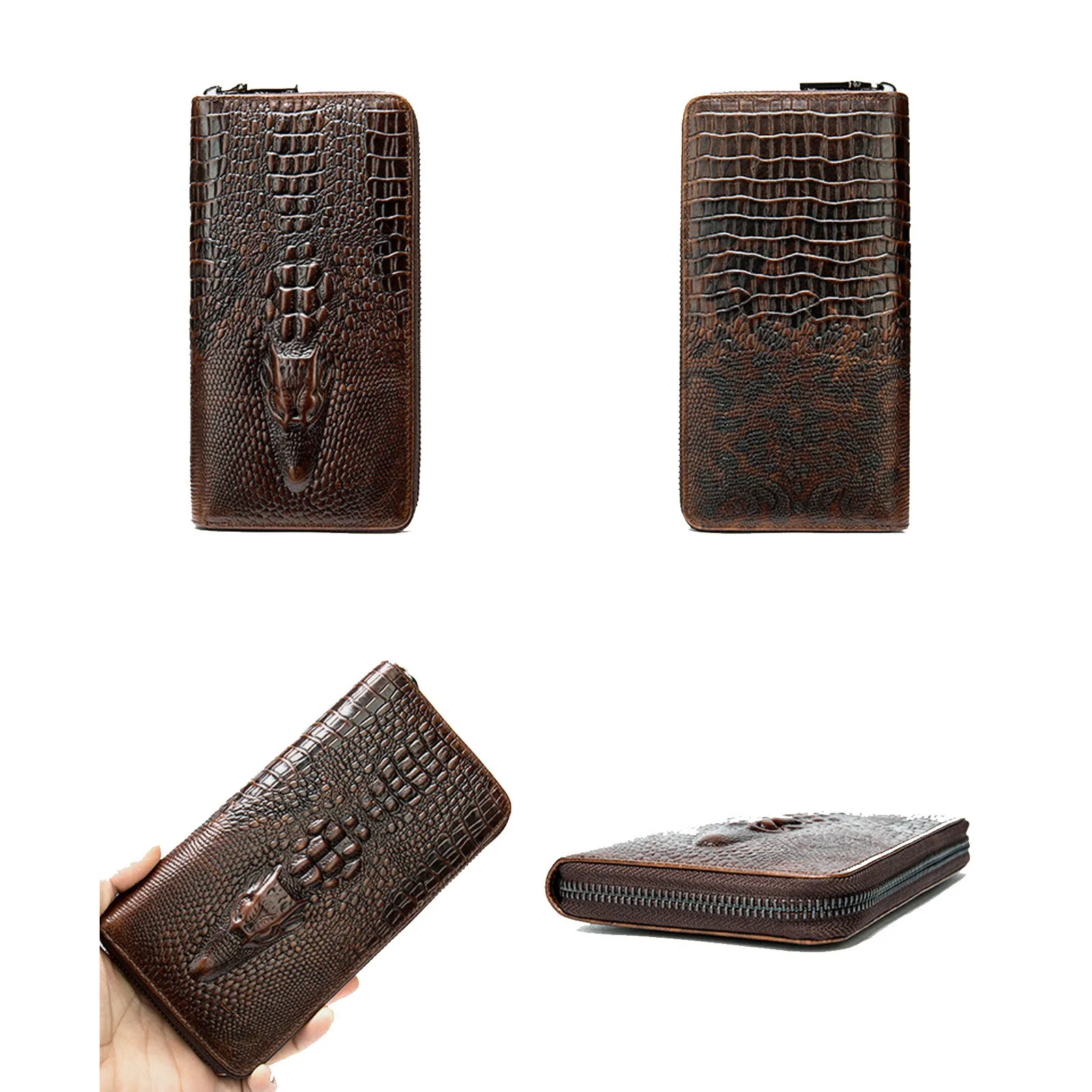 TIDING Genuine Cowhide Leather Hand Wallet Crocodile Pattern Embossing Long Leather Wallet for Men