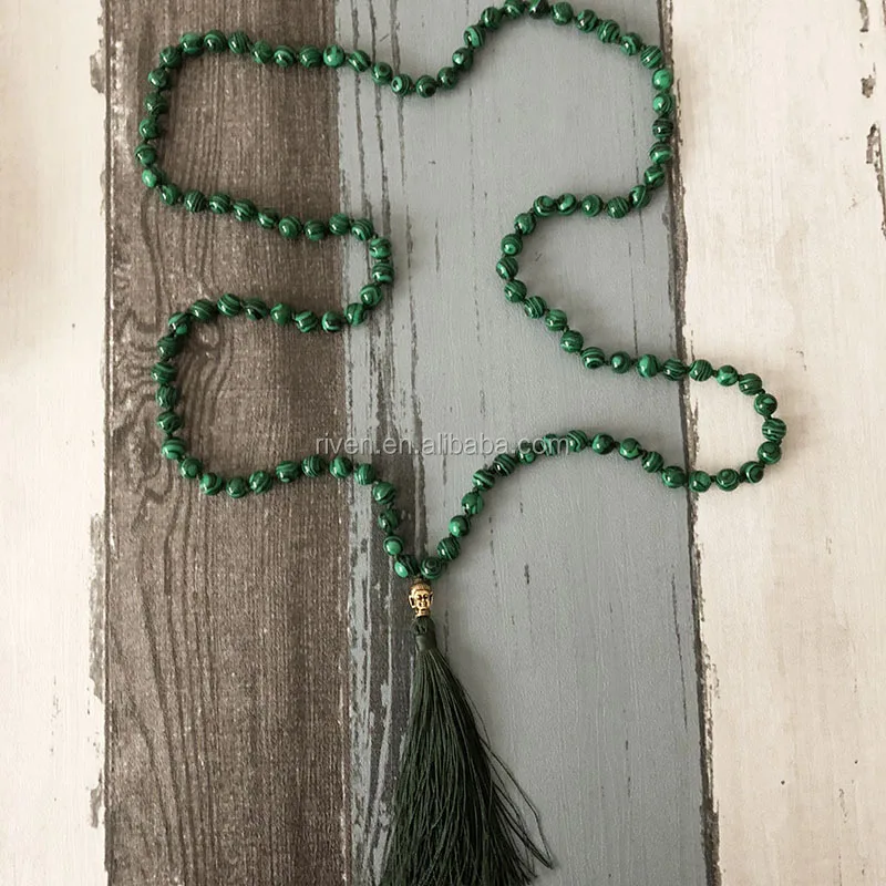 ST0447 Green Malachite Mala 108 Beads Buddha Prayer Beads Meditation Tassel Mala Hand Knotted Necklace