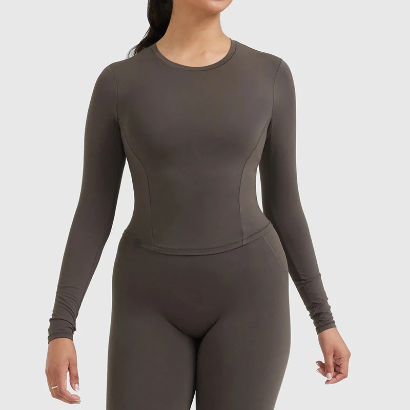 OEM ODM Custom Logo Blank Wholesale Solid Softness Mid Long Sleeve Quick Dry Training Running Sports Fitness Tight Top For Women