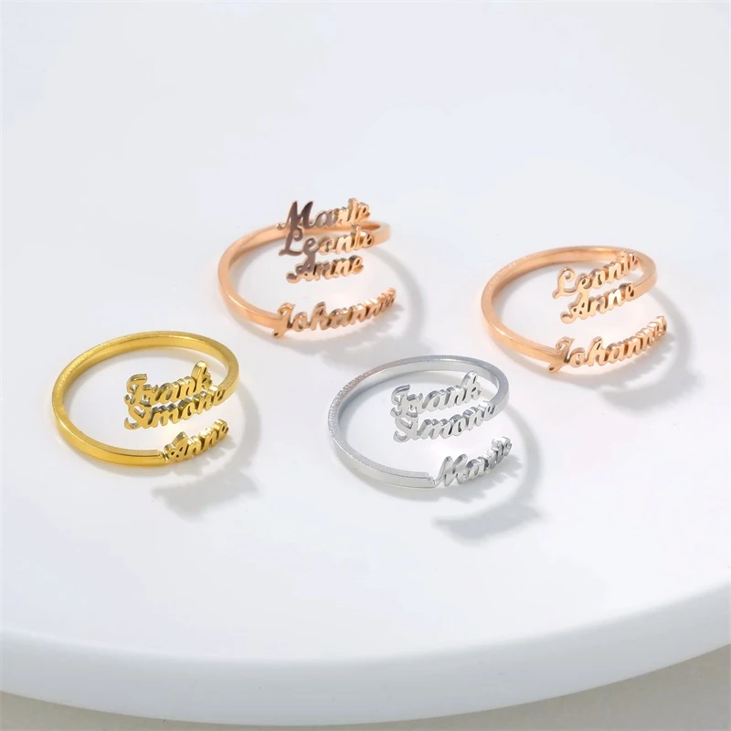 Personalized Custom Multiple Names Finger Ring Jewelry Women Gold Plated Stainless Steel Family Nameplate Adjustable Rings