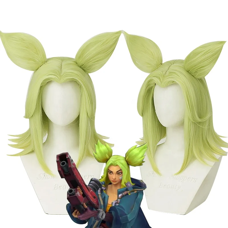 Wholesale Game League of Legends LOL Wig Cosplay 35cm Short Light Green Synthetic The Spark of Zaun Zeri Peluca With Two Ears