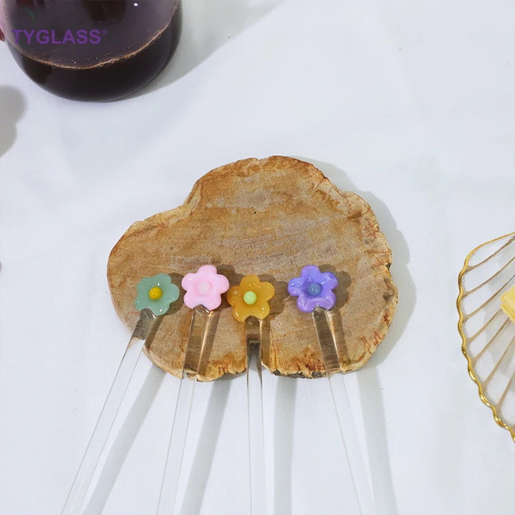 Cherry Blossom Shape Glass Stirring Rod Colorful Heat-Resistant Glass Coffee Stirrer Swizzling Drainage Stirring Mixing Rod Tool