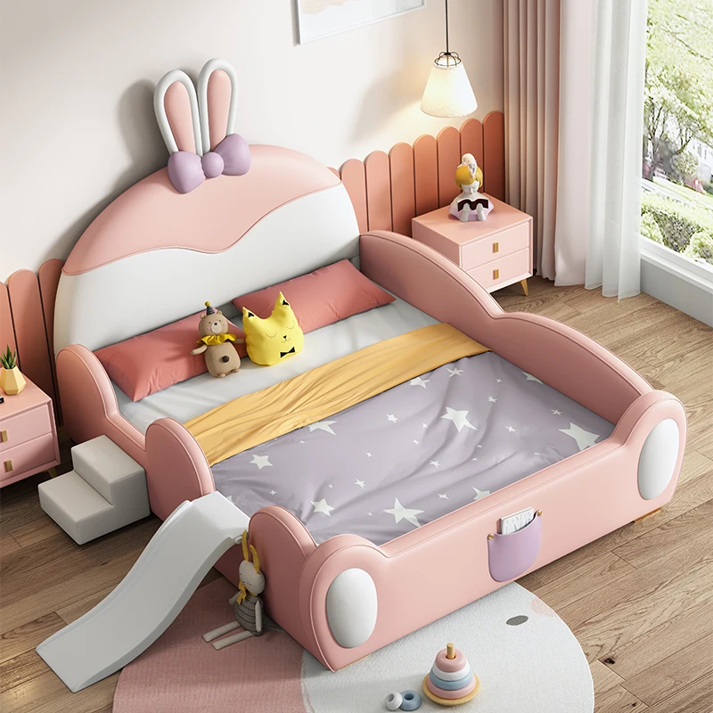 Modern Simple Rabbit Princess Bed for Kids 1.5m Bed with Guardrail Silicone Leather Bed Children Babies Bedroom Hotel Made Wood