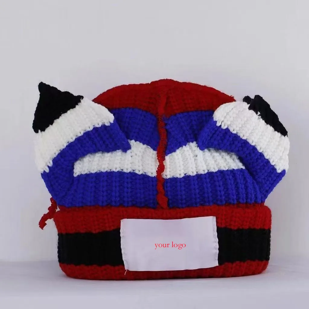 Y2K Style Cat Ear Hat Cute Skull Beanie Hat Knit Wool Felt Cap Warm Slouchy Crochet Hat